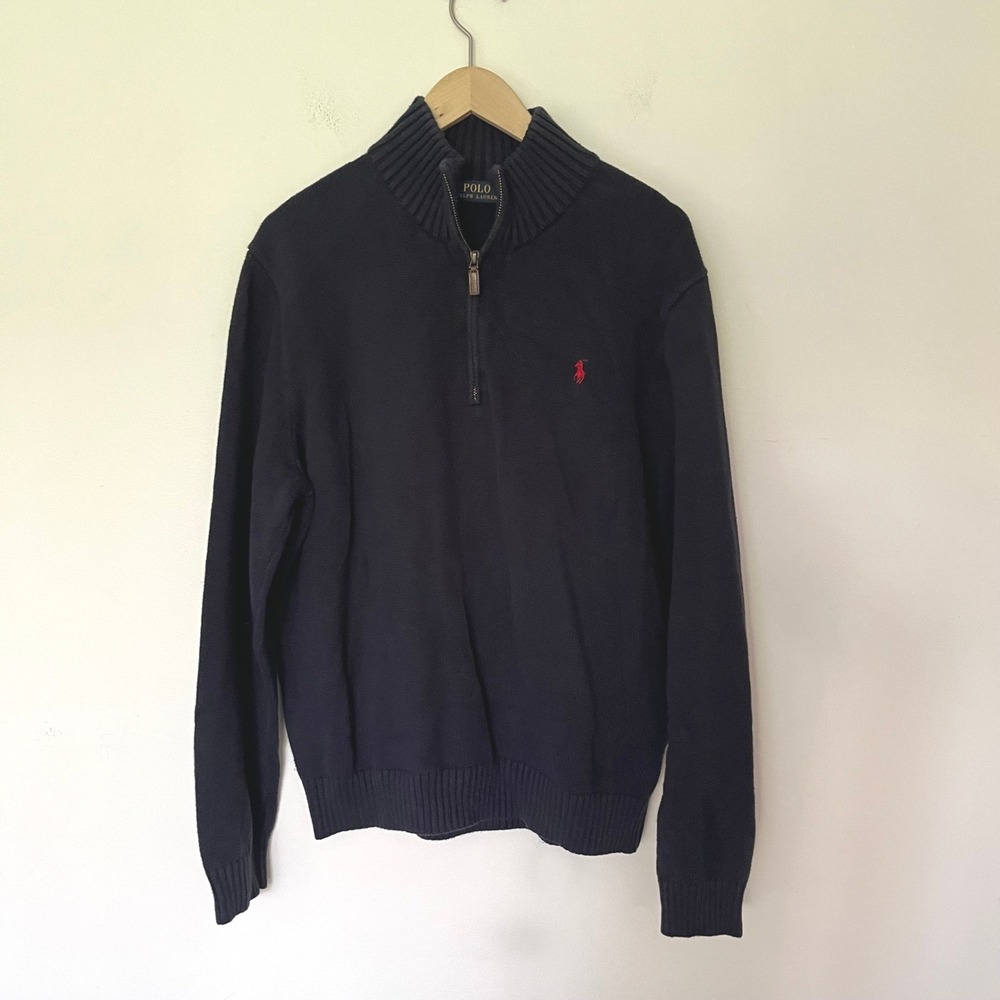 Polo Ralph Lauren Mens XL Navy Blue Cotton Quarter Zip Pullover Sweater Red Pony